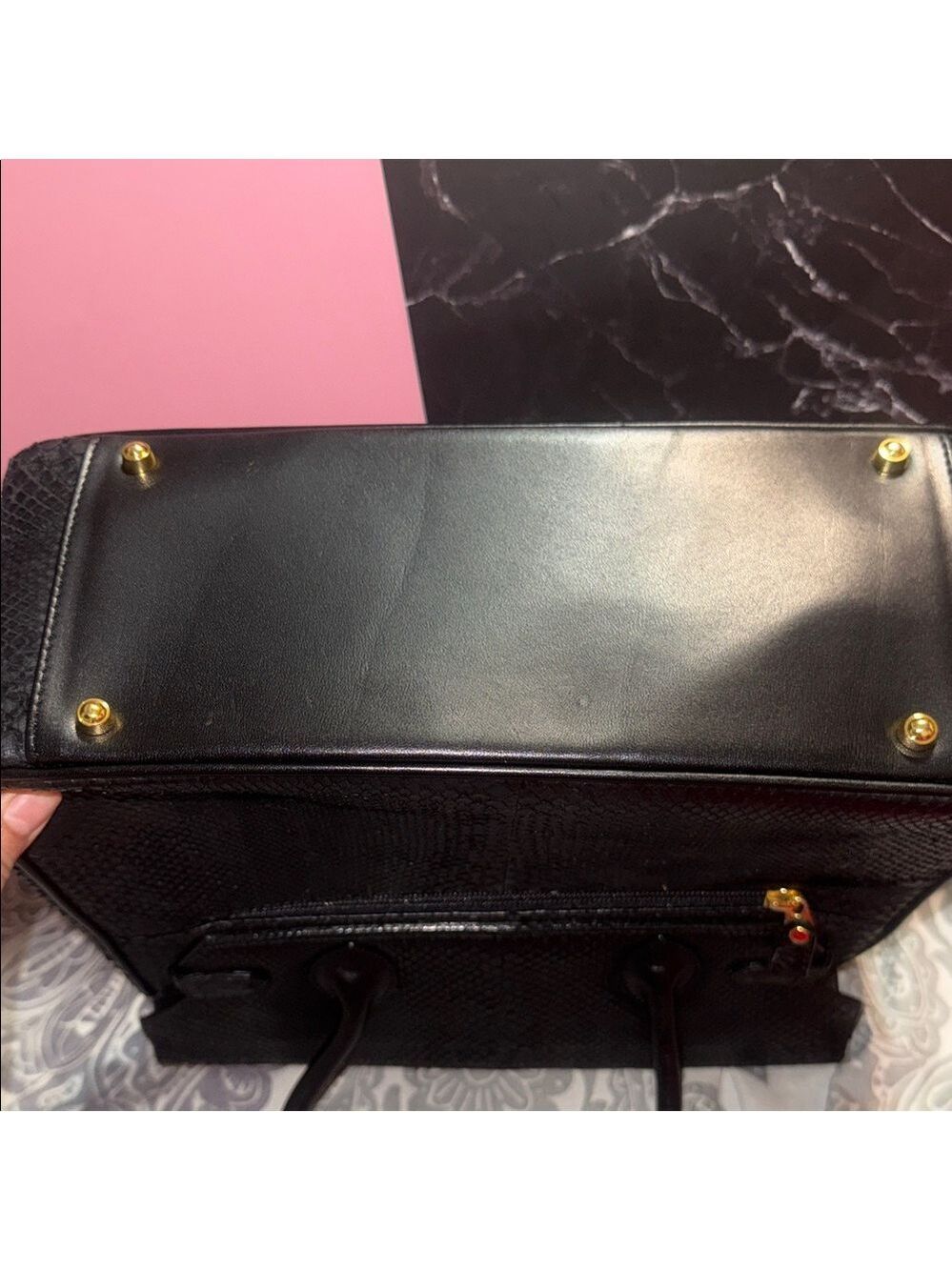 Structured Black Leather Satchel with Gold-Tone Hardware snake skin - Picture 11 of 16